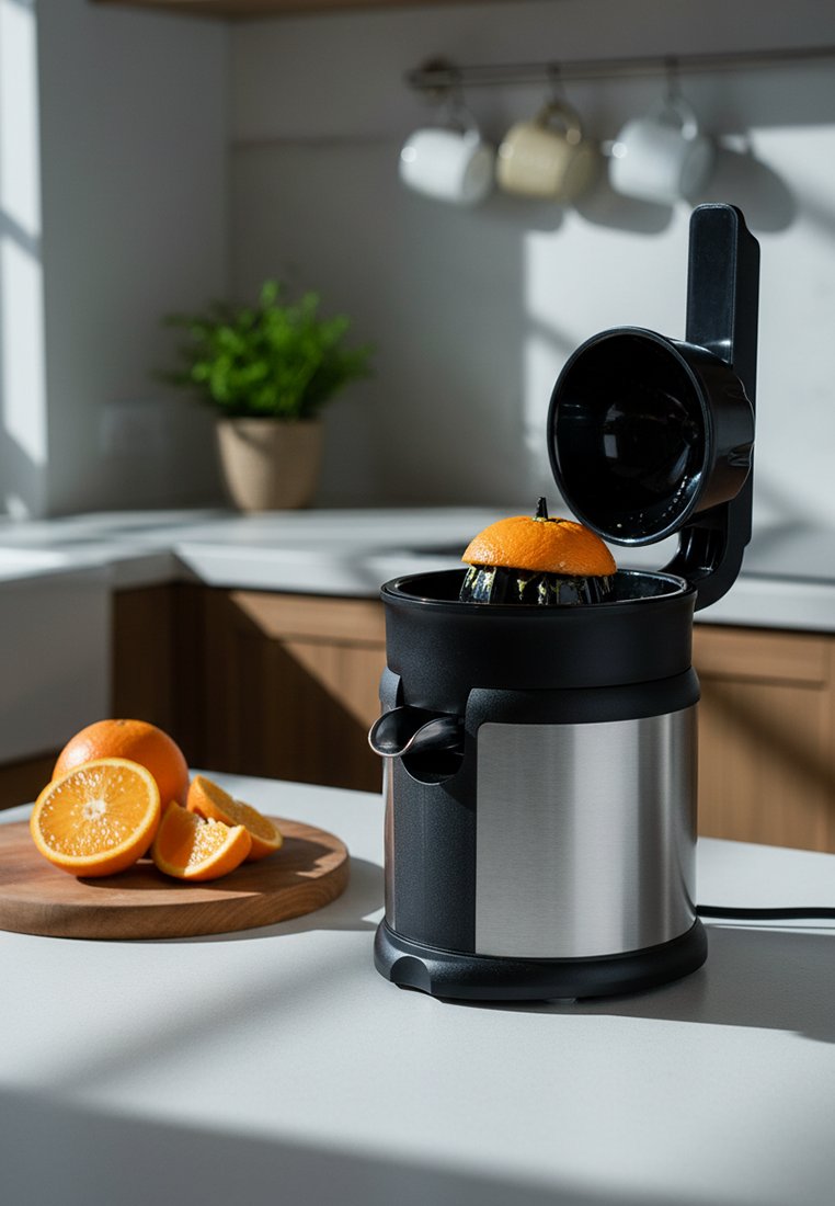 Elektrický citrusový lis s půlkou pomeranče nahoře, čerstvé plátky pomeranče na dřevěné prkénko, kuchyňské pozadí s zavěšenými hrníčky a rostlinou.