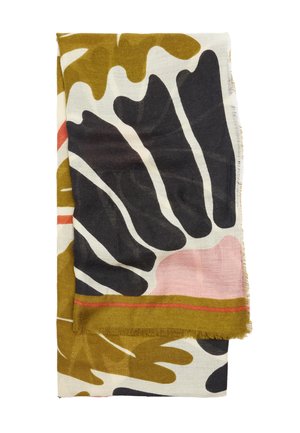 Tkany szalik z wyrazistymi abstrakcyjnymi wzorami w kolorach oliwkowej zieleni, czerni, różu i bieli. Krawędzie wykończone frędzlami; miękka tekstura.