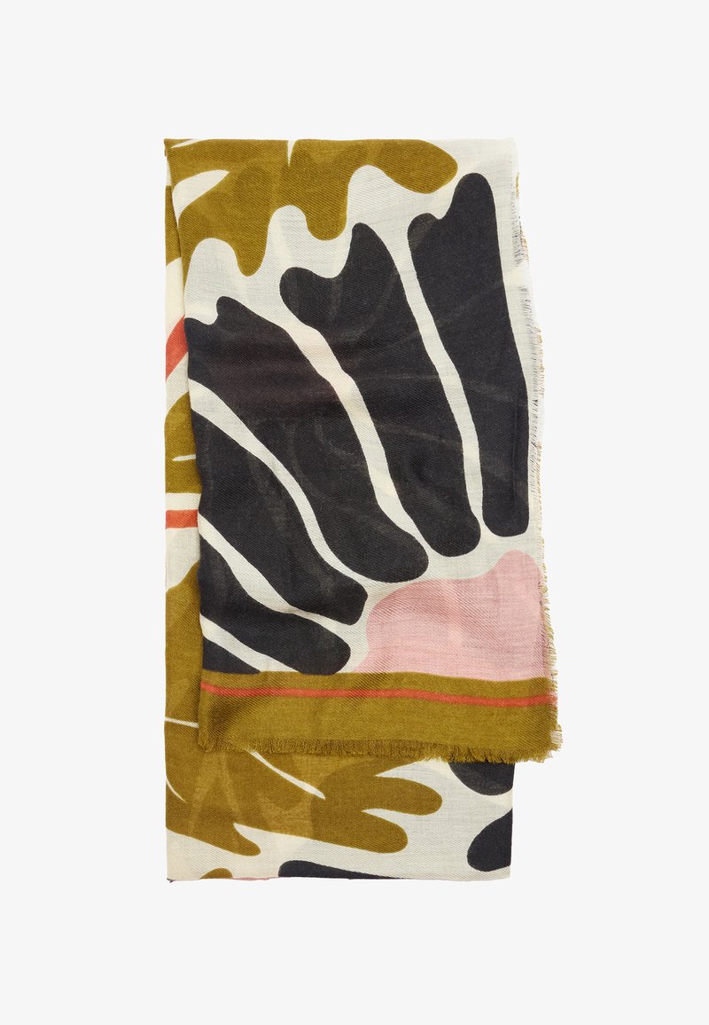 Tkany szalik z wyrazistymi abstrakcyjnymi wzorami w kolorach oliwkowej zieleni, czerni, różu i bieli. Krawędzie wykończone frędzlami; miękka tekstura.