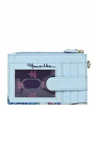 Lichtblauwe leren portemonnee met een helder ID-raam, bloemenprint, ritsluiting en een drukknop. Heeft gegraveerde stiksels en kaartvakjes.