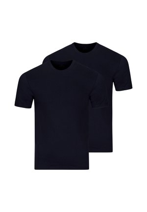 Zwei schlichte schwarze T-Shirts mit kurzen Ärmeln und Rundhalsausschnitt, überlappend auf weißem Hintergrund dargestellt.