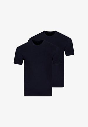 Zwei schlichte schwarze T-Shirts mit kurzen Ärmeln und Rundhalsausschnitt, überlappend auf weißem Hintergrund dargestellt.