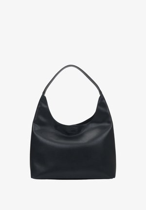 Große schwarze Leder-Umhängetasche mit glatter Textur, geschwungener Silhouette und einem einzigen Schultergurt für bequemes Tragen.
