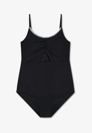 Czarny jednoczęściowy strój kąpielowy z cienkimi ramionkami, białym zygzakowatym wykończeniem na linii dekoltu, marszczonym przodem na środku i wycięciem w kształcie klucza poniżej biustu.