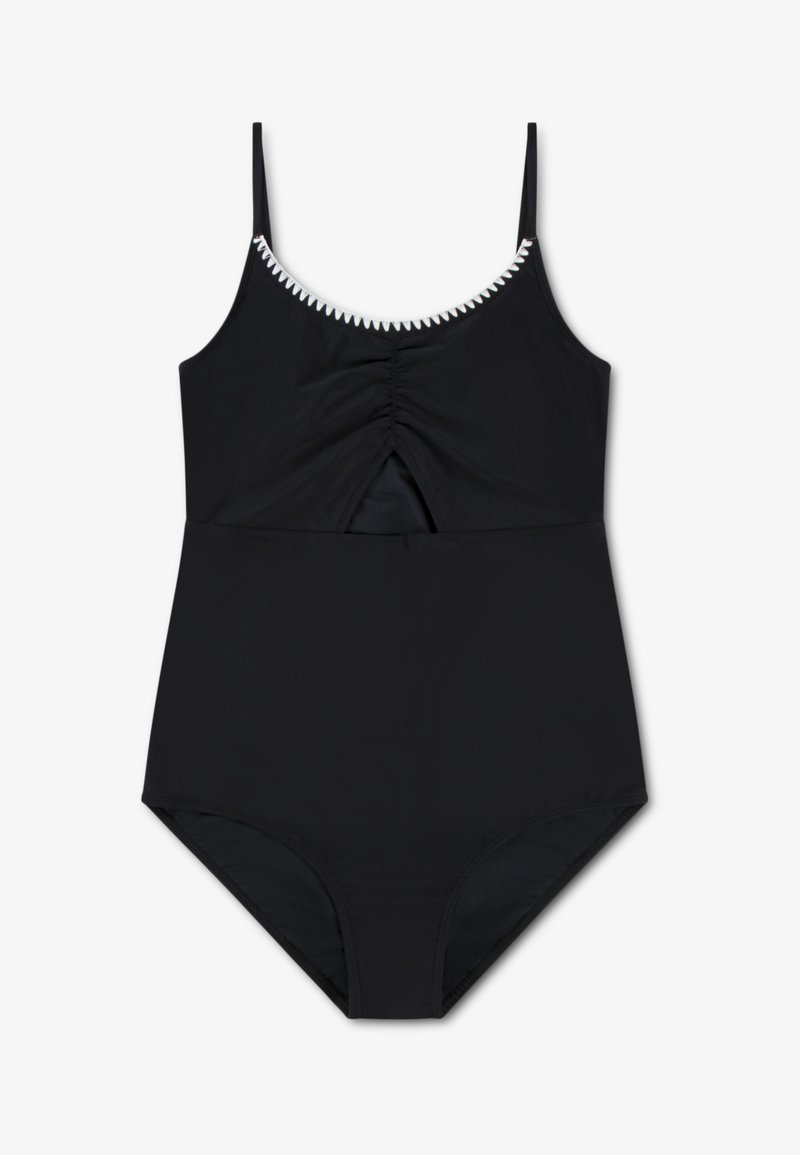 Μαύρο ολόσωμο μαγιό με λεπτές τιράντες στους ώμους, λευκή ζιγκ-ζαγκ λεπτομέρεια στη γραμμή του λαιμού, ρυτιδωμένο κέντρο μπροστά και άνοιγμα σε σχήμα κλειδιού κάτω από το στήθος.