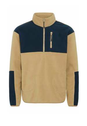 Fleece mikina s svetlým pieskovým telom a tmavo modrými detailmi. Obsahuje štvrťový zips, bočné vrecká a kontrastné rukávy. Mäkká textúra.