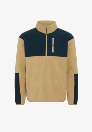 Fliisikampsun kerge beežiga kehaga ja tumedate siniste aktsentidega. Omab veerand-zippidega kaelust, küljetaskuid ja kontrastseid varrukasid. Pehme tekstuur.