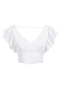 Top bianco corto con scollo a V, maniche corte volanti e sottili motivi a pois su tutto il tessuto. Tessuto liscio.