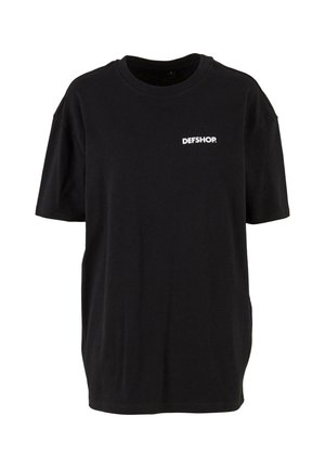 Black cotton t-shirt with short sleeves, a crew neckline, and a white "DEFSHOP" logo printed on the chest. Smooth texture, relaxed fit.