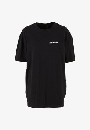 Black cotton t-shirt with short sleeves, a crew neckline, and a white "DEFSHOP" logo printed on the chest. Smooth texture, relaxed fit.