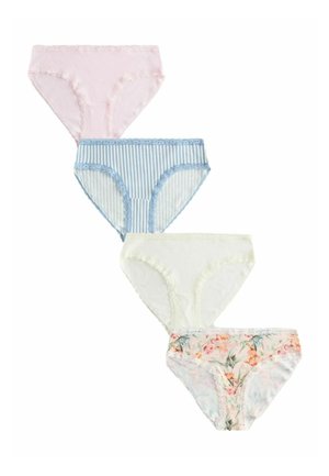 Štyri dámske bikini nohavičky v pastelovej ružovej, modrých pruhovaných, bielej a kvetinovej potlači s čipkovaným lemom, usporiadané diagonálne na bielom pozadí.