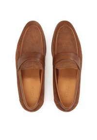 Brown loafers featuring a combination of smooth leather and perforated suede, with a rounded toe design and subtle stitching details.