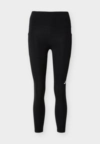 Μαύρα αθλητικά κολάν με ψηλή μέση, πλαϊνές τσέπες και ένα μικρό λευκό λογότυπο στο πάνω αριστερό μηρό, παρουσιάζονται σε απλό φόντο.