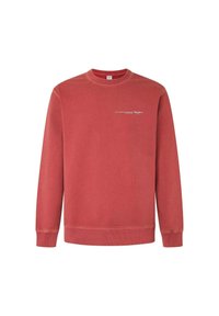 Rotes Baumwoll-Sweatshirt mit Rundhalsausschnitt, langen Ärmeln, gerippten Bündchen und kleinem weißem Logodetail auf der Vorderseite. Glatte Textur.