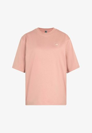 Soft pink short-sleeve T-shirt with crew neck, featuring a small circular logo on the left chest.
