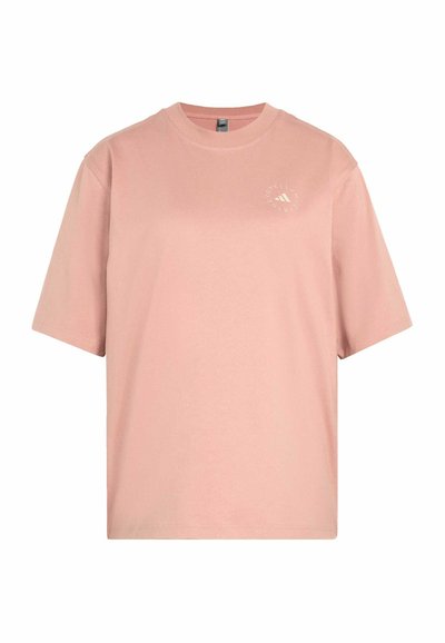 Soft pink short-sleeve T-shirt with crew neck, featuring a small circular logo on the left chest.