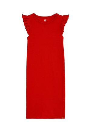 Rotes ärmelloses, geripptes Kleid mit Rüschendetails an den Schultern und rundem Ausschnitt, knielang, Kindergröße 122/128.