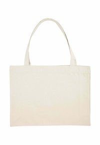 Borsa a tracolla in tela con manici lunghi; forma rettangolare; colore beige chiaro; texture liscia; nessun motivo o accessorio visibile.