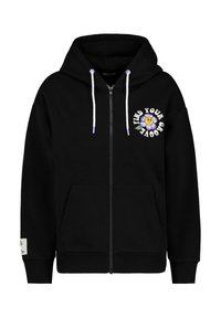 Zwarte hoodie met rits en een grafische print aan de voorkant met de tekst "VIND JE GROOVE" en een lachend bloemenontwerp. Bevat trekkoorden en voorzakken.