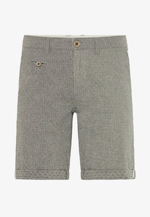 Pantaloni corti grigi intrecciati con un motivo testurizzato, orli pieghevoli e chiusura frontale con bottone. Presenta una piccola tasca sul lato.