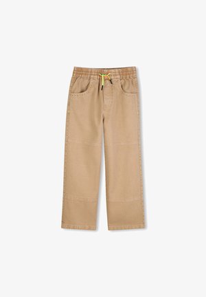 Béžové bavlnené nohavice s elastickým pásom, nastaviteľným sťahovacím pásikom, dvoma prednými vreckami a kontrastným prešívaním. Dizajn s širokými nohavicami.