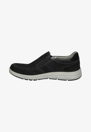 Black suede slip-on shoe with white rubber sole, contrasting blue accent, and stitched detailing along the upper.