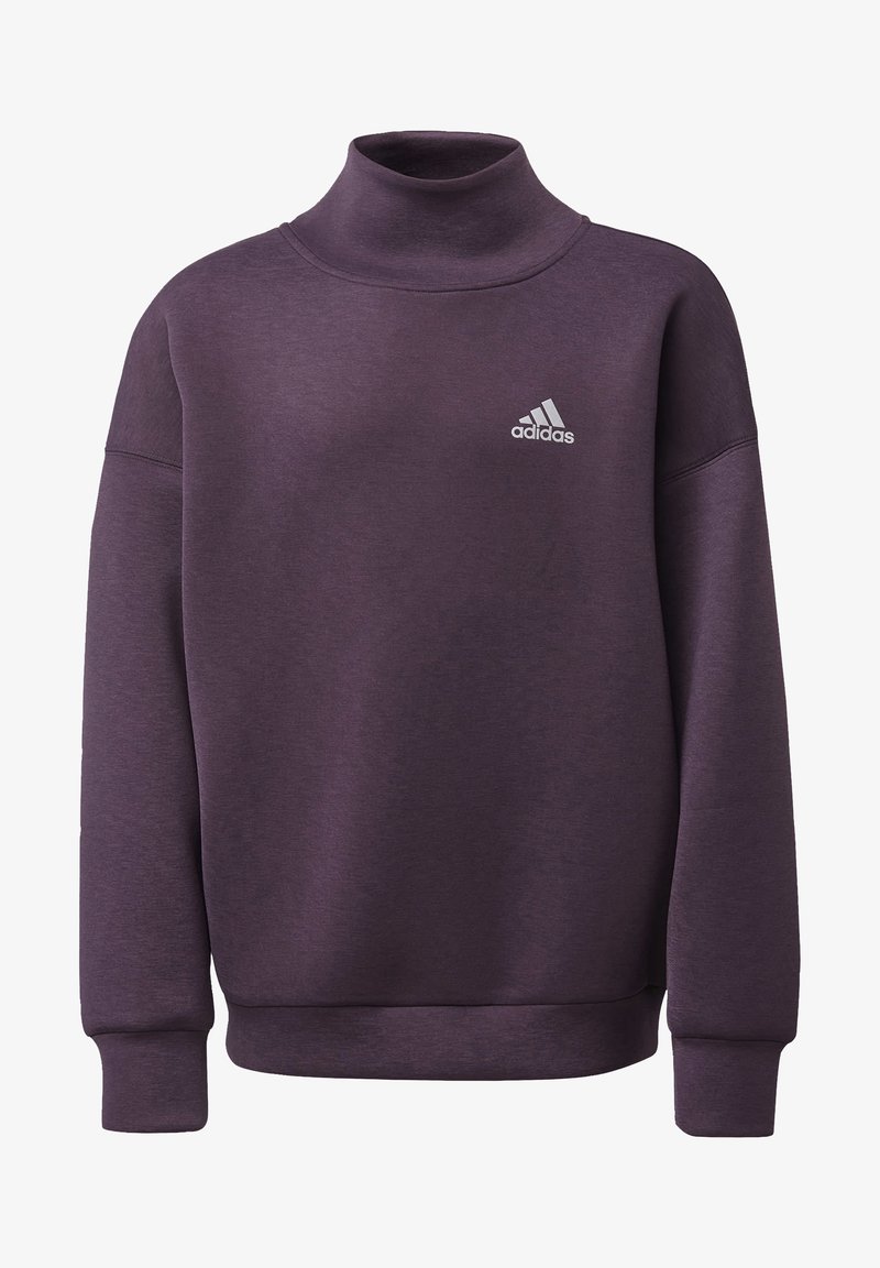 Lila Sweatshirt mit hohem Kragen, aus weichem Stoff gefertigt. Verfügt über ein kleines weißes Adidas-Logo auf der Brust. Lange Ärmel und gerippte Bündchen.