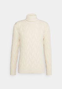 Beige Rollkragenpullover aus strukturiertem Strickstoff, mit einem Zopfmuster und gerippten Bündchen sowie Saum. Einfaches, lässiges Design.