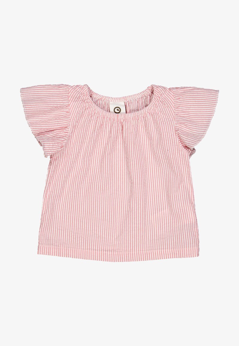 Top a maniche corte con righe verticali rosa e bianche, dotato di scollo arricciato e maniche con volant. Realizzato in tessuto leggero.