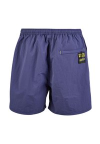 Purple swim shorts made of lightweight fabric, featuring an elastic waistband, flat pocket on the back, and a logo tag in yellow and black.