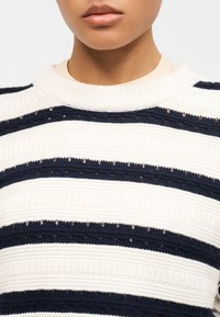 Gros plan d'une personne portant un pull en maille blanc avec de larges rayures horizontales noires et un sous-vêtement beige clair visible au col.