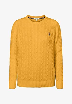 Gelber Kabelstrickpullover mit Rundhalsausschnitt und kleinem gestickten Logo auf der linken Brust, Größe M, mit gerippten Bündchen und Saum.