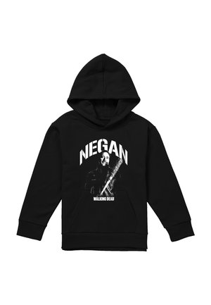 Schwarzer Kapuzenpullover mit einer Grafik von Negan aus The Walking Dead, der einen Stacheldrahtschläger hält, mit den weißen Schriftzügen "NEGAN" und "WALKING DEAD".