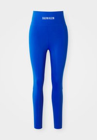 Leggings taille haute bleu avec le logo "CALVIN KLEIN" sur la ceinture, tissu lisse et coupe slim pleine longueur.