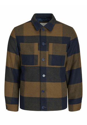 Brun og marineblå ternet jakke lavet af uld med krave, to brystlommer og knaplukninger foran.