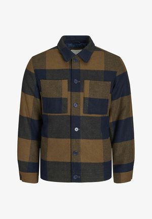 Brun og marineblå ternet jakke lavet af uld med krave, to brystlommer og knaplukninger foran.