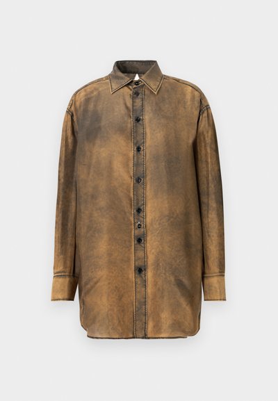 Brown, long-sleeve shirt with a button-up front, pointed collar, and contrasting black stitching. Smooth texture and slightly faded finish.