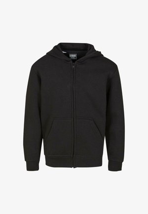 Črna zip-up kapuca z sprednjim zadrgo, dvema sprednjima žepoma in kapuco. Narejena iz mehkega bombažnega materiala z gladko teksturo.