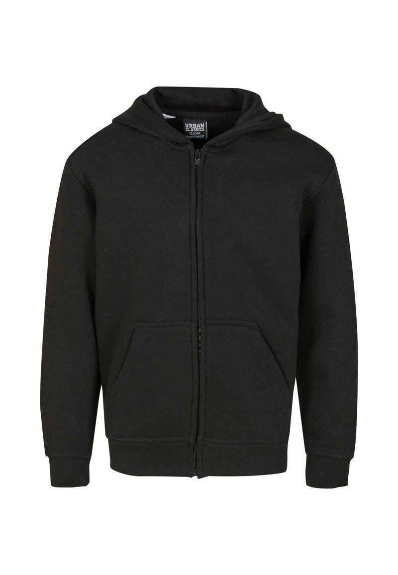 Sudadera con cremallera negra que presenta una cremallera frontal, dos bolsillos delanteros y capucha. Fabricada en suave material de algodón con una textura lisa.