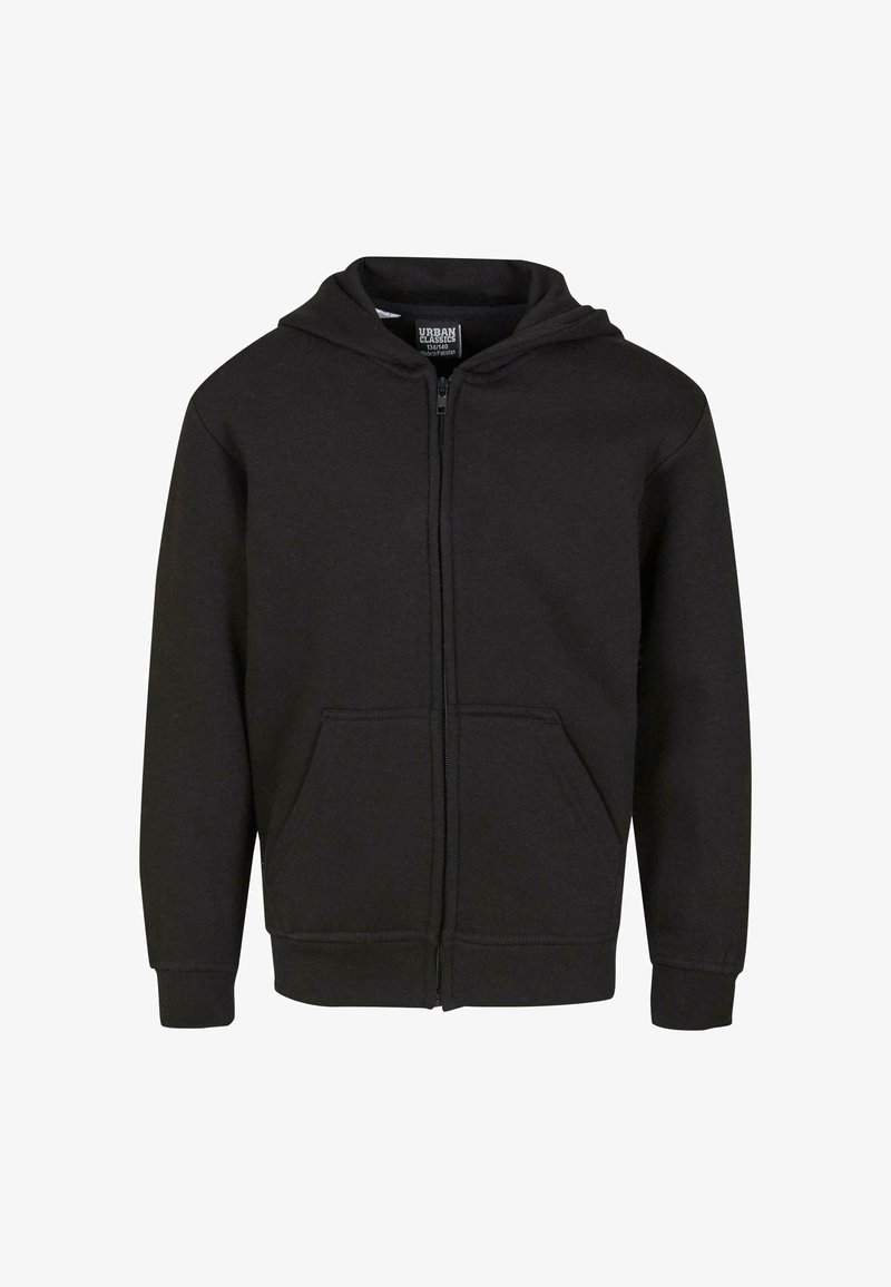 Felpa nera con zip, dotata di una cerniera frontale, due tasche anteriori e cappuccio. Realizzata in morbido cotone con una texture liscia.