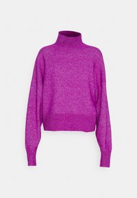 Pull à col roulé en maille fuchsia avec des manches longues et bouffantes ainsi qu'une coupe courte. Texture douce avec une teinte mélangée pour plus de profondeur.