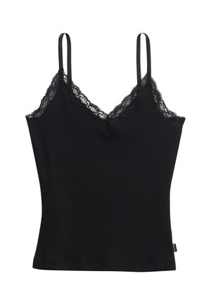 Sort camisole lavet af ribbet stof, med en v-halsudskæring med blondekant, justerbare spaghetti-stropper og en tætsiddende silhuet.