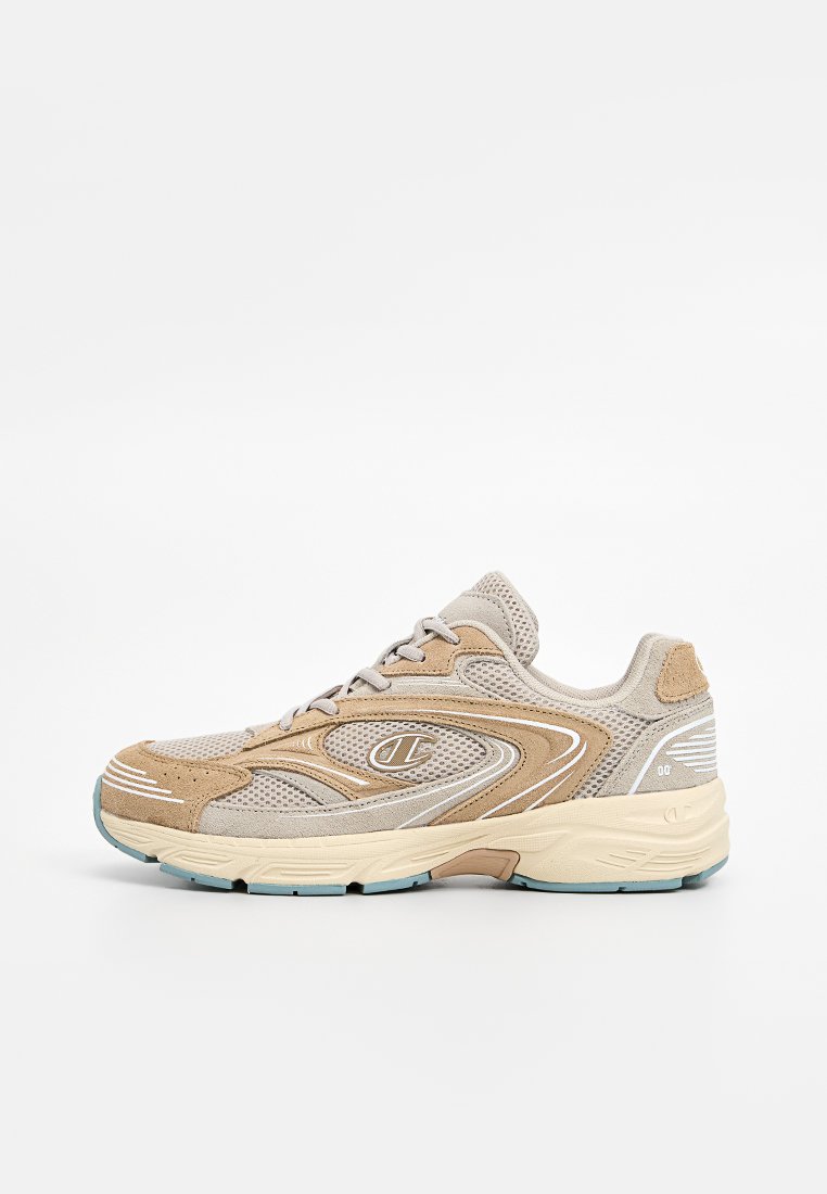 Beige Mesh- und Wildledersneaker mit strukturierten Overlays, gepolstertem Schaft und einer geschwungenen Sohle mit türkisen Akzenten. Schnürdesign mit Logo.