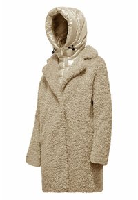 Beige nepbontjas met een gestructureerd oppervlak, voorzien van een glanzende, gevoerde, afneembare capuchon met trekkoord en ritsluiting.