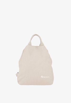 Bolsa de lona beige clara con asas texturizadas, forma redondeada y un sutil logo blanco en la parte inferior. Ideal para uso casual.
