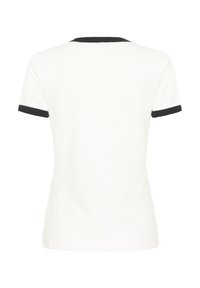 T-shirt blanc avec un col et des poignets noirs. Présente un design classique à col rond et des manches courtes. Texture lisse, semblable à du coton.