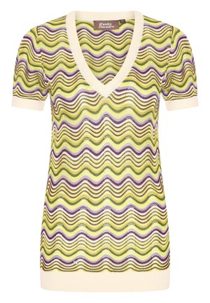 Knit v-neck top with short sleeves featuring a wavy pattern in green, purple, and cream. Lightweight, breathable fabric with ribbed accents.