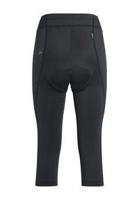 Shorts de cyclisme rembourrés noirs avec zone de siège renforcée et jambes trois quarts, vus de dos.