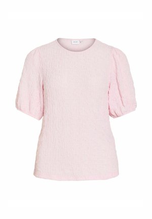 Blusa de manga corta texturizada en rosa claro con mangas abullonadas y escote redondo.