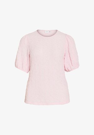 Blusa de manga corta texturizada en rosa claro con mangas abullonadas y escote redondo.